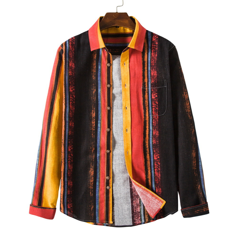 Men's Long Sleeve Colorful Striped Cotton Linen Shirt