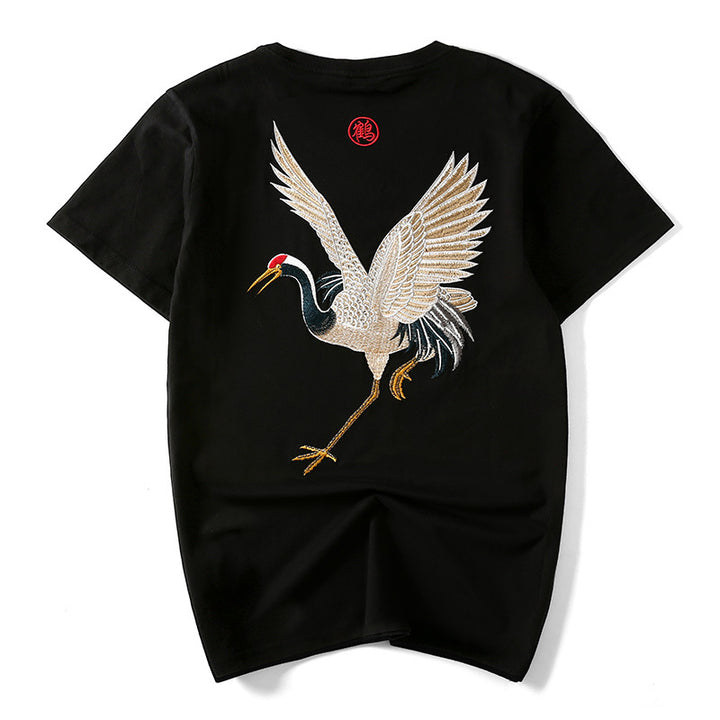 Vintage ethnic cotton embroidered crane t-shirt