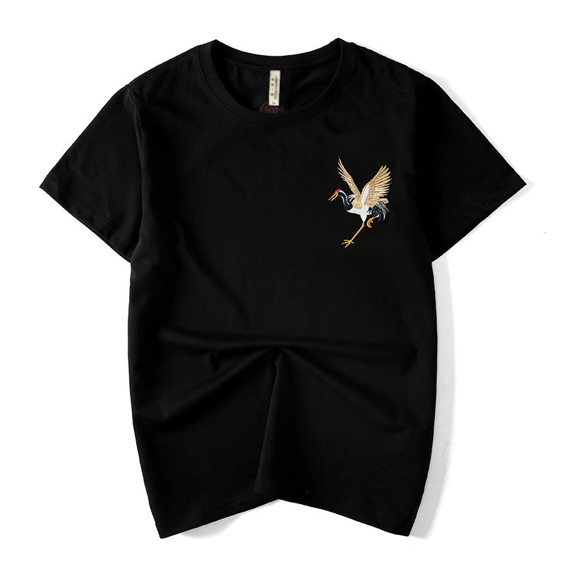 Vintage ethnic cotton embroidered crane t-shirt