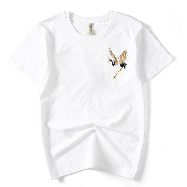 Vintage ethnic cotton embroidered crane t-shirt