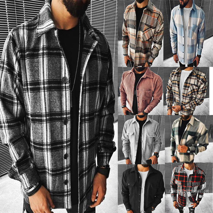 Men's Cotton Blended Shirt Plaid Pocket Long Sleeve Shirt