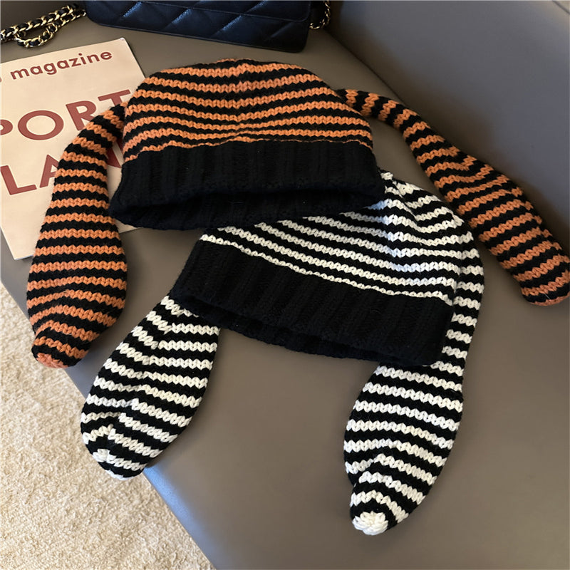 Cute Rabbit Ears Knitted Striped Pullover Wool Knit Hat Shopping Warm Beanie Hat