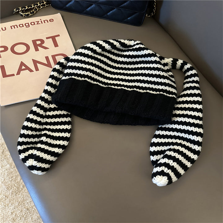Cute Rabbit Ears Knitted Striped Pullover Wool Knit Hat Shopping Warm Beanie Hat