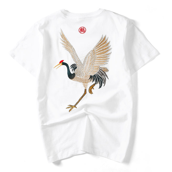 Vintage ethnic cotton embroidered crane t-shirt