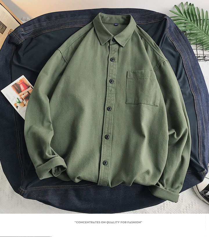 Heavyweight Casual White Cotton Long-sleeve Shirt