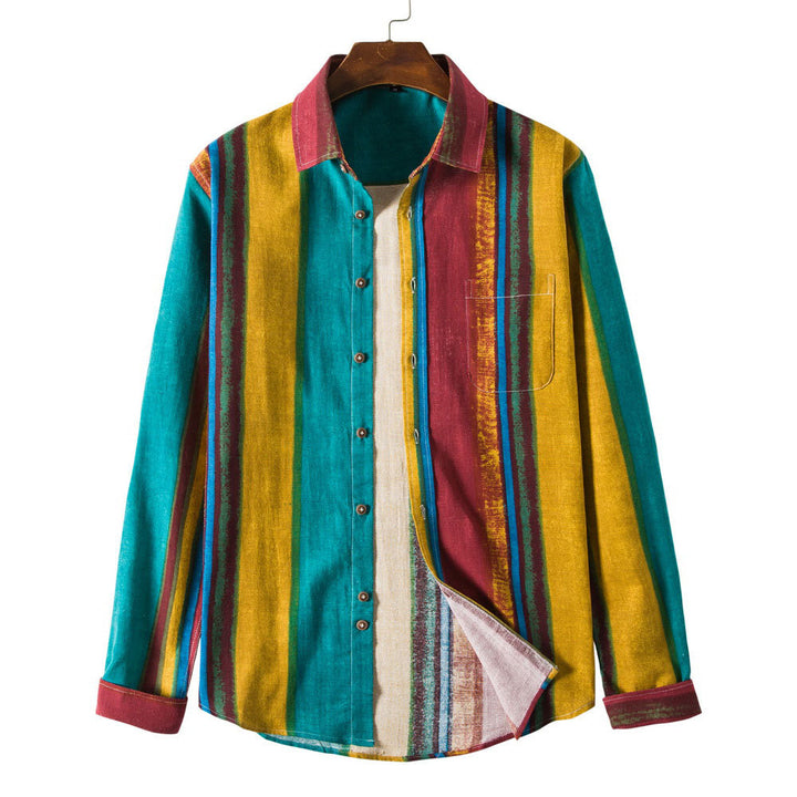 Men's Long Sleeve Colorful Striped Cotton Linen Shirt