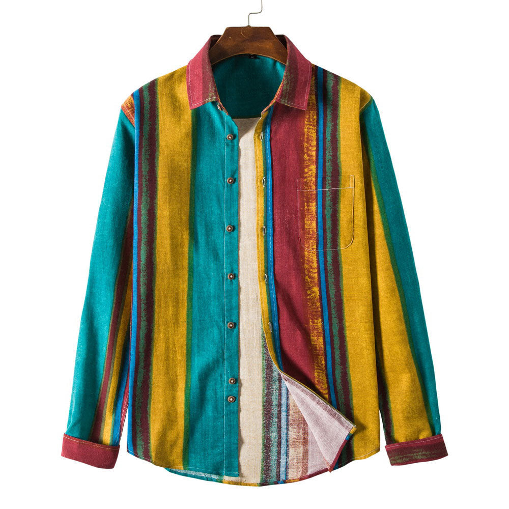 Men's Long Sleeve Colorful Striped Cotton Linen Shirt