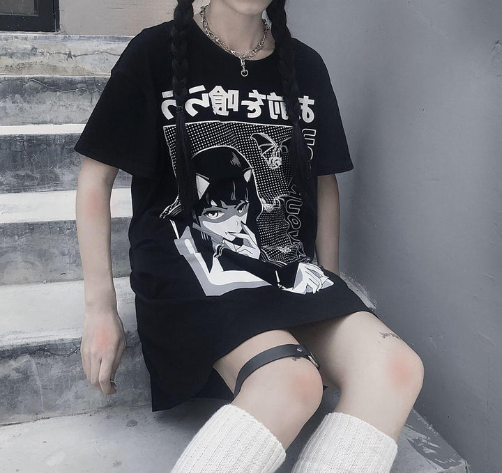 Oversized T-shirt printed long loose round neck T-shirt