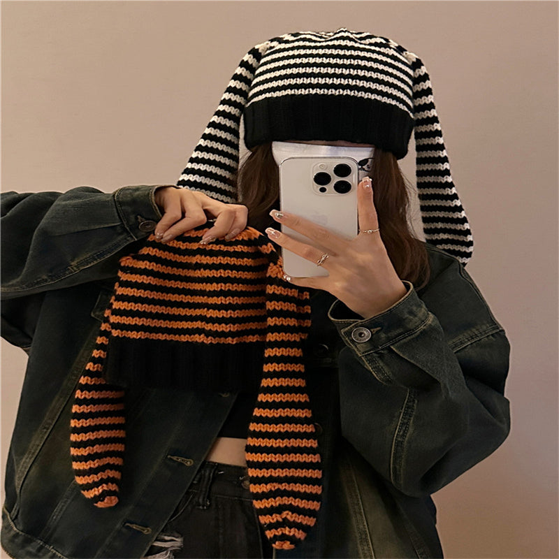 Cute Rabbit Ears Knitted Striped Pullover Wool Knit Hat Shopping Warm Beanie Hat