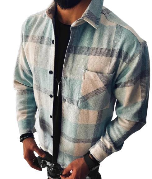 Men's Cotton Blended Shirt Plaid Pocket Long Sleeve Shirt