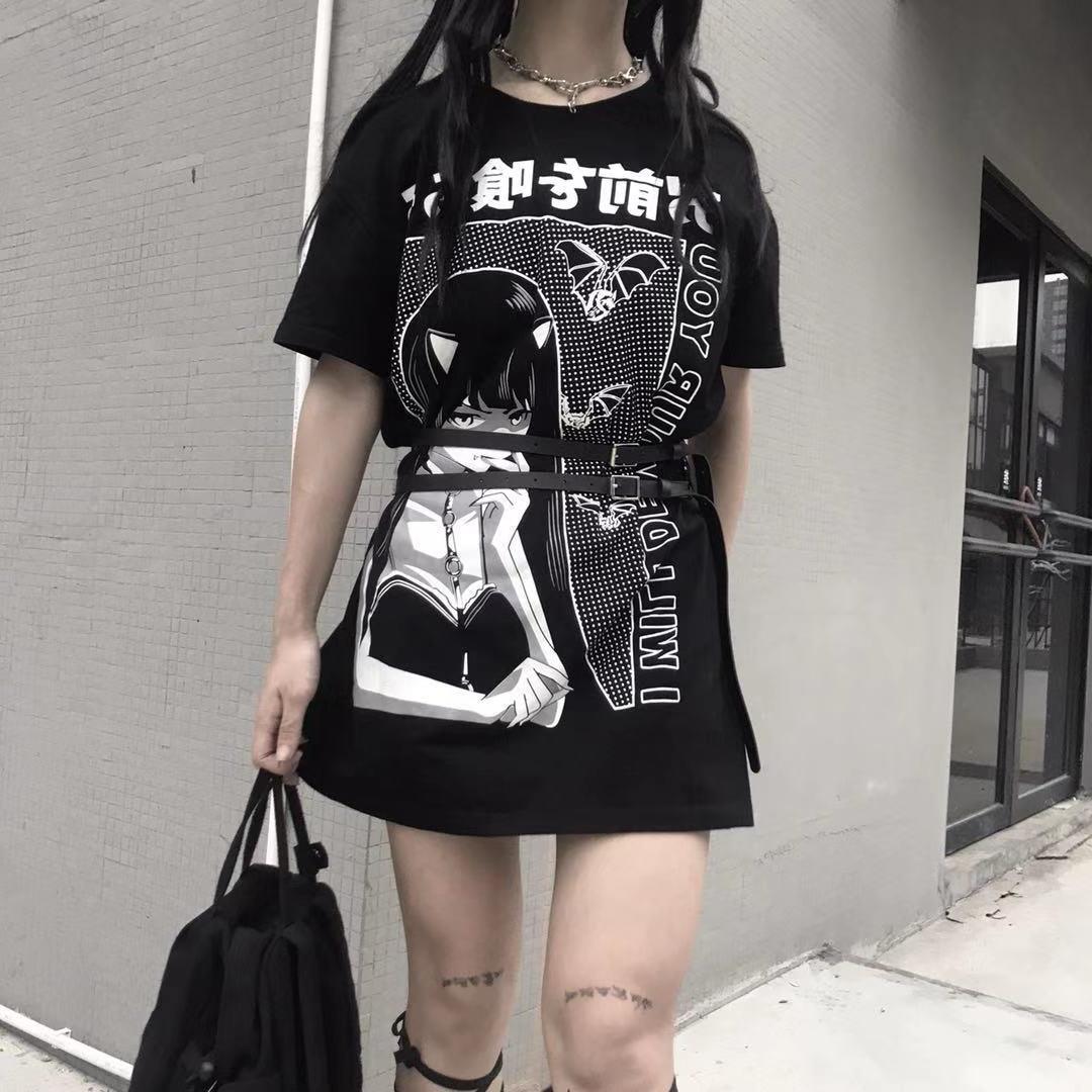 Oversized T-shirt printed long loose round neck T-shirt