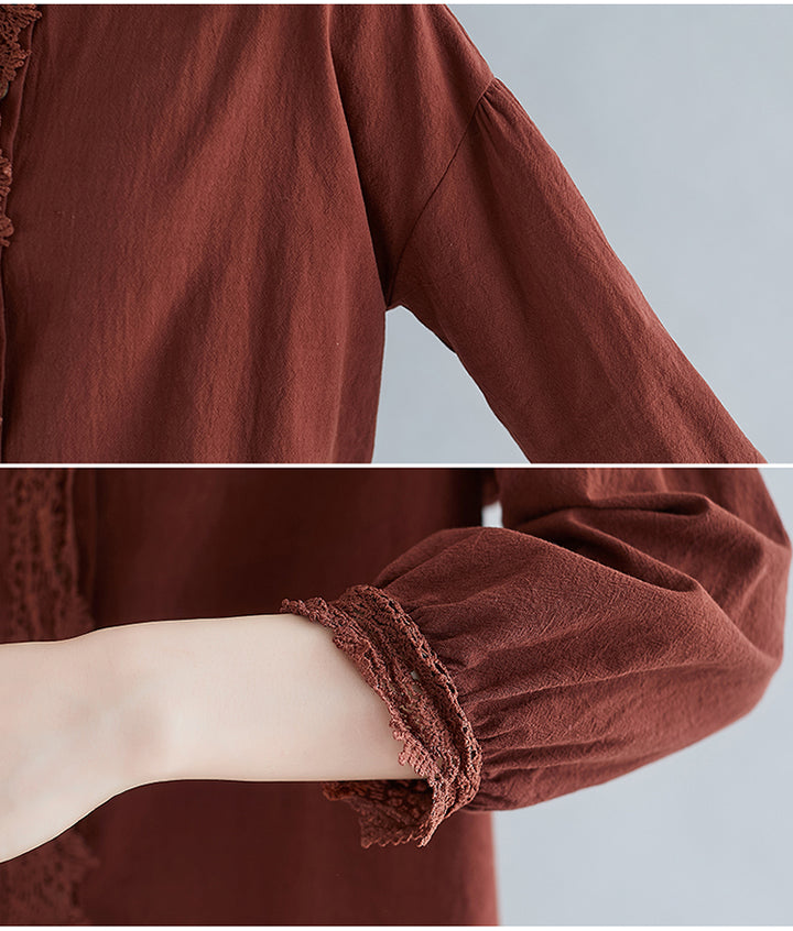 Ladies Fashion Slim Cotton Linen Long Sleeve Shirt
