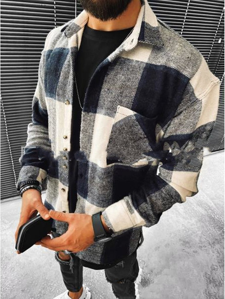 Men's Cotton Blended Shirt Plaid Pocket Long Sleeve Shirt