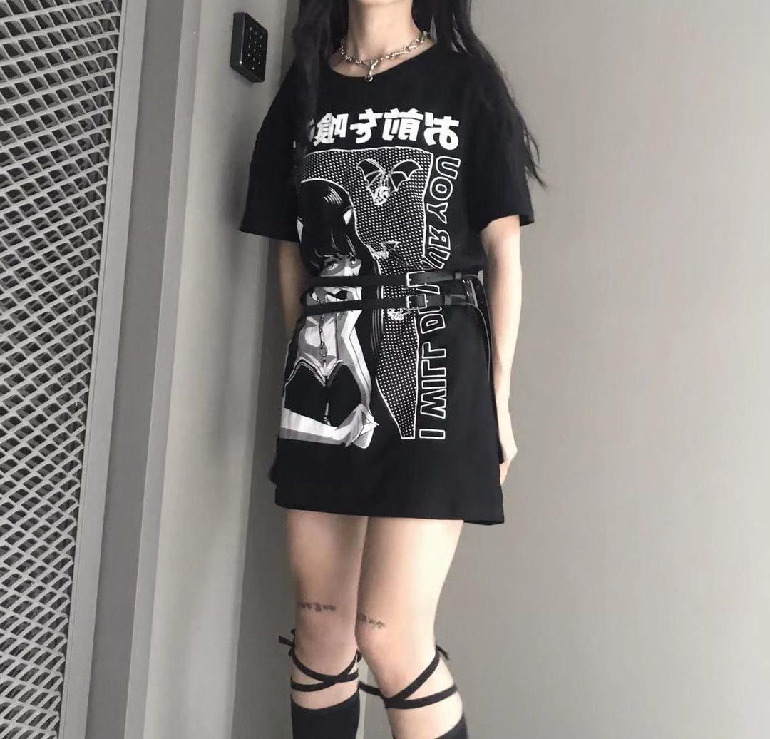Oversized T-shirt printed long loose round neck T-shirt
