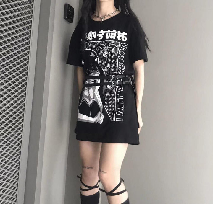 Oversized T-shirt printed long loose round neck T-shirt