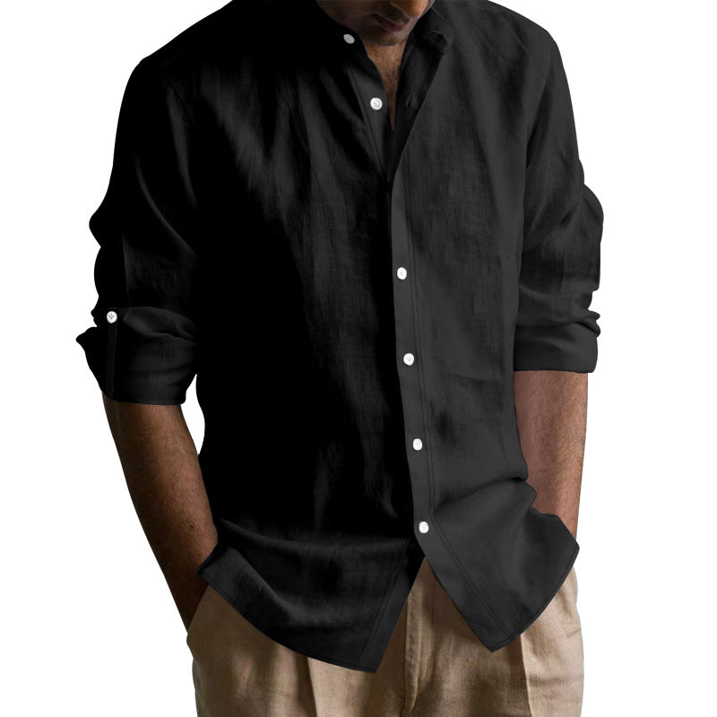 Men's Linen-cotton Long Sleeve Stand Collar Shirt