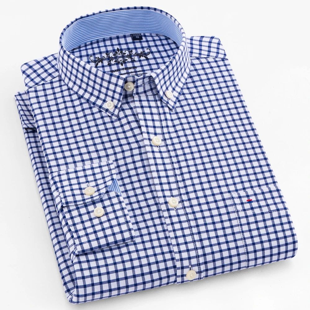 Cotton Oxford Plaid Men's Long Sleeve Shirt