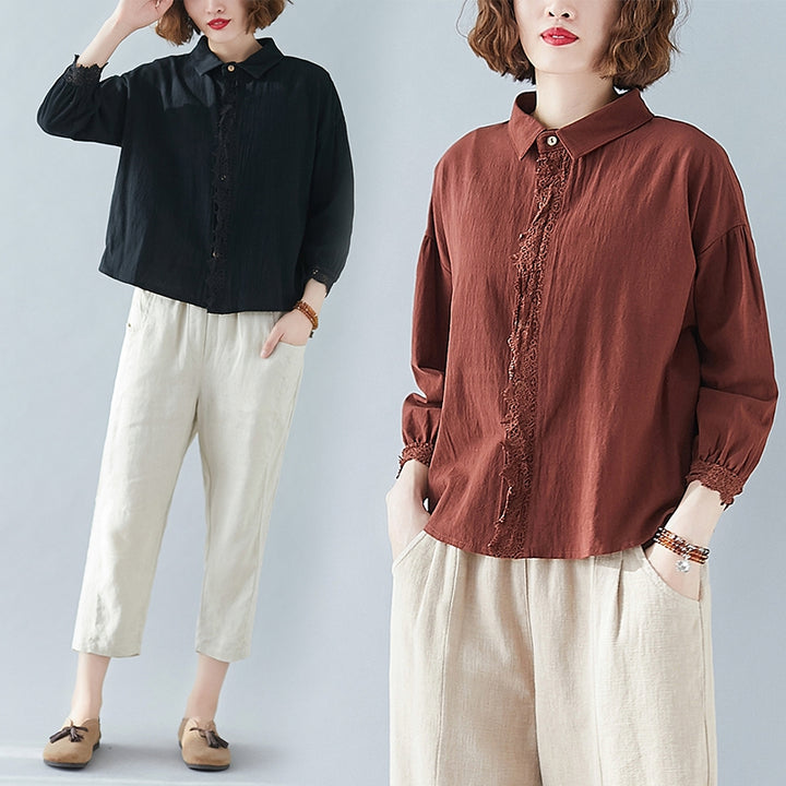 Ladies Fashion Slim Cotton Linen Long Sleeve Shirt