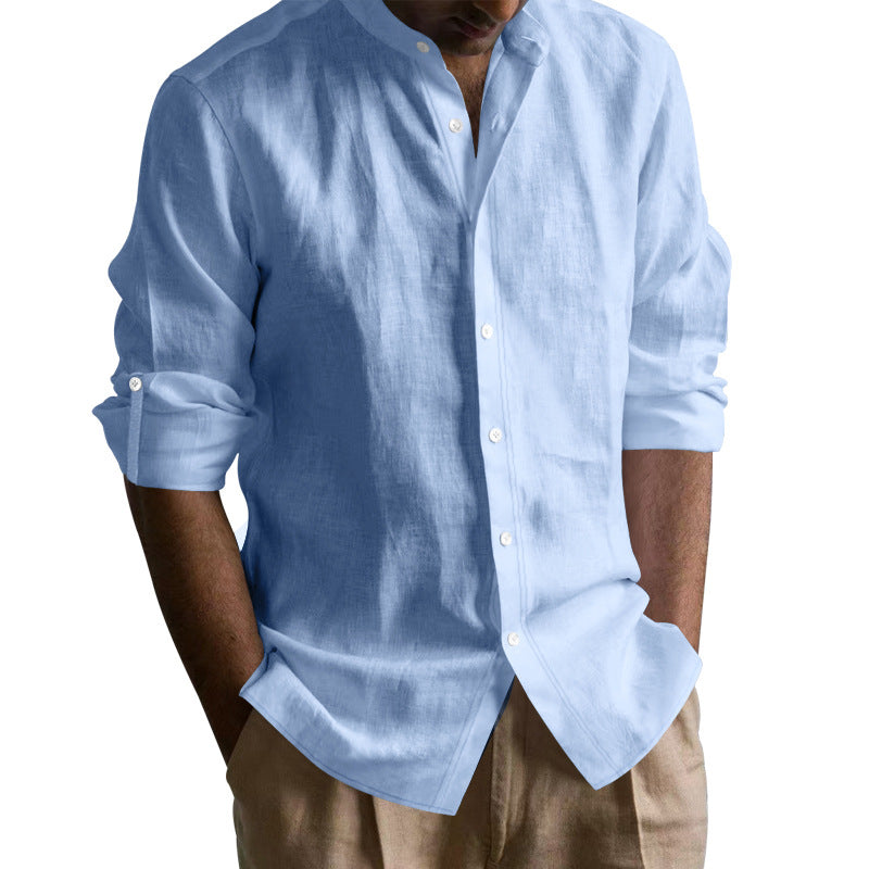 Men's Linen-cotton Long Sleeve Stand Collar Shirt