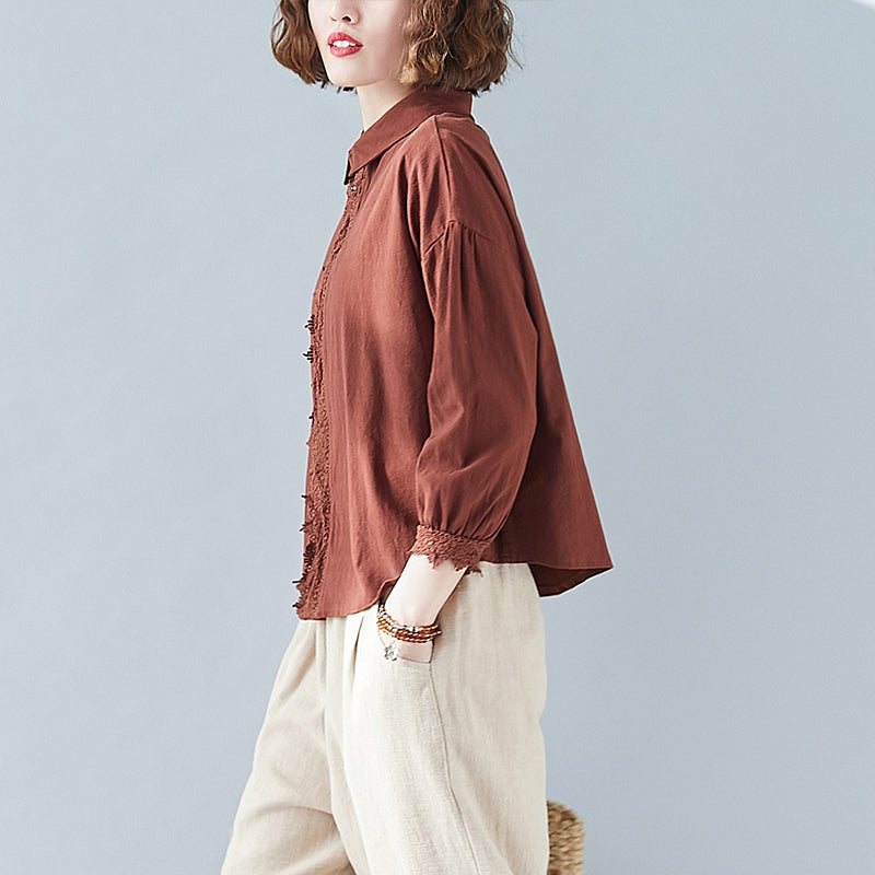 Ladies Fashion Slim Cotton Linen Long Sleeve Shirt