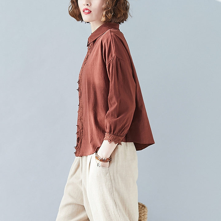 Ladies Fashion Slim Cotton Linen Long Sleeve Shirt