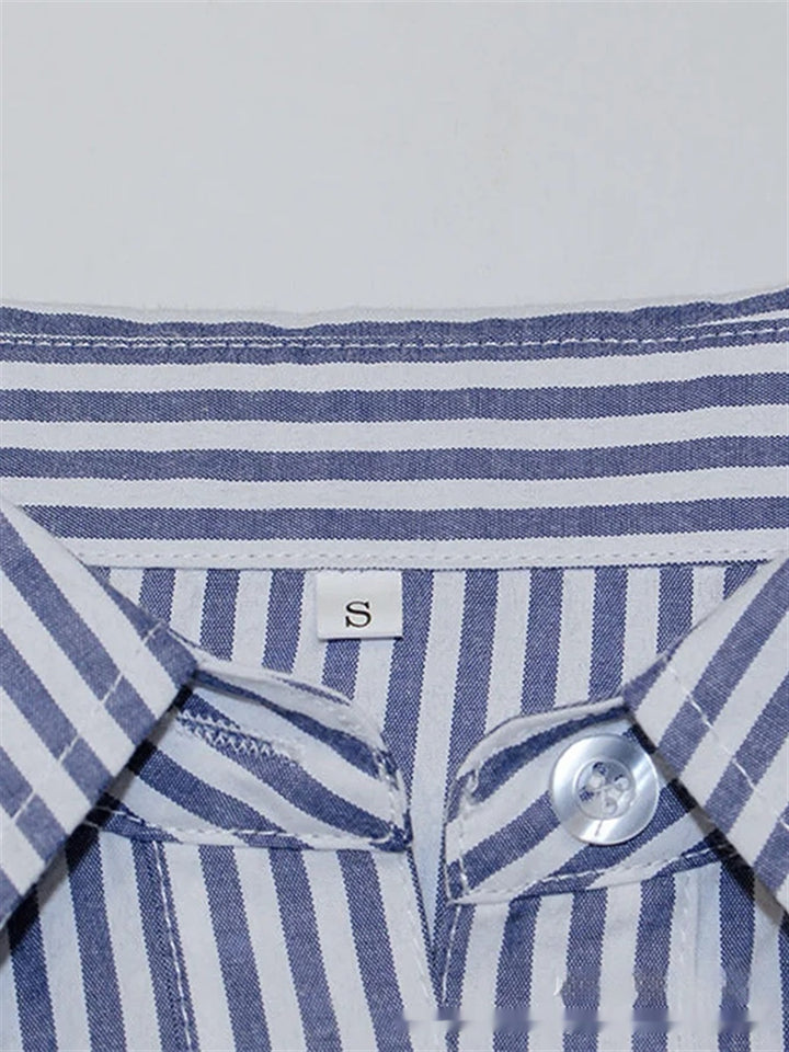 Cotton Polyester Striped Single-breasted Long Sleeve Shirt