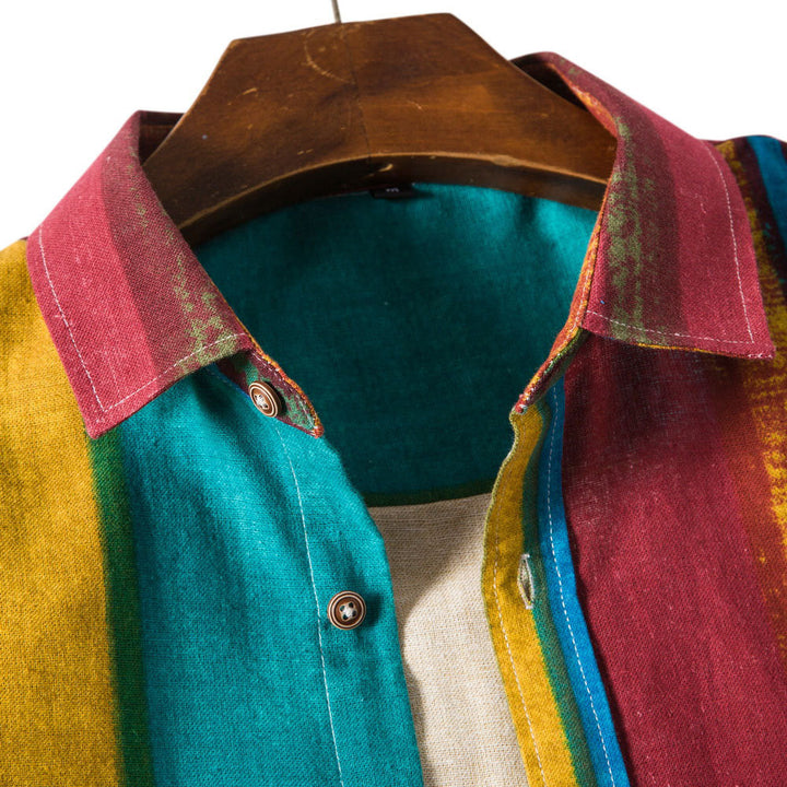 Men's Long Sleeve Colorful Striped Cotton Linen Shirt