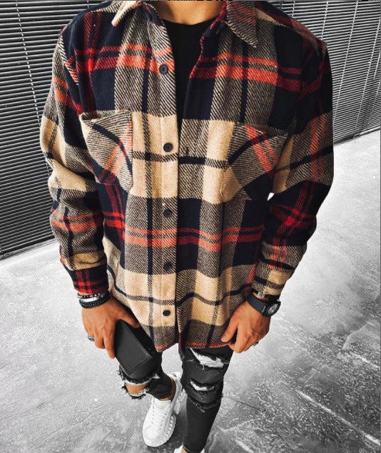 Men's Cotton Blended Shirt Plaid Pocket Long Sleeve Shirt
