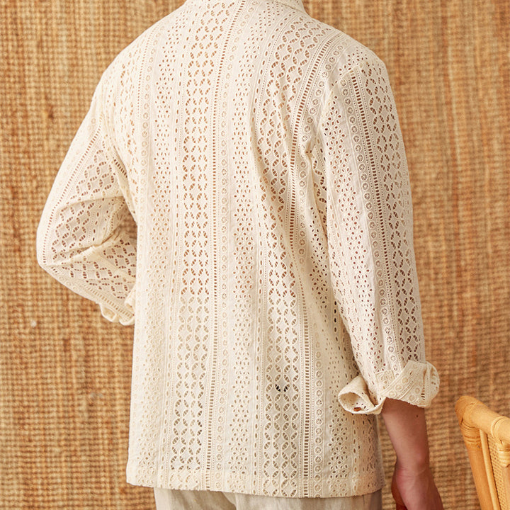 Cotton Hollow Cuban Collar Long Sleeve Shirt