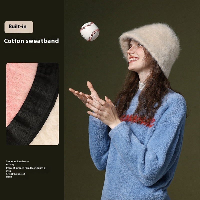 Rabbit Fur Bucket Hat Women's Fleece-lined Warm Bucket Hat