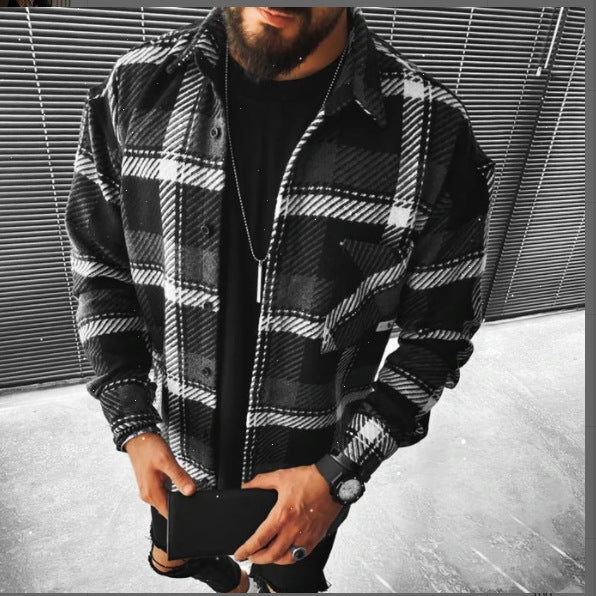 Men's Cotton Blended Shirt Plaid Pocket Long Sleeve Shirt