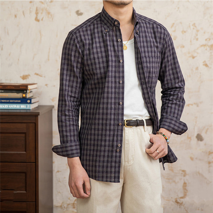 Cotton And Linen Plaid Vintage Long Sleeve Shirt