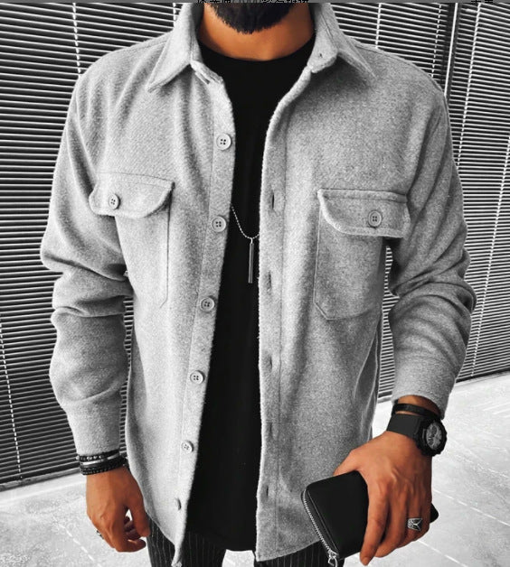 Men's Cotton Blended Shirt Plaid Pocket Long Sleeve Shirt