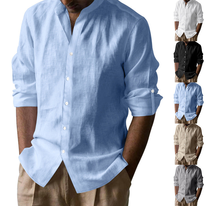 Men's Linen-cotton Long Sleeve Stand Collar Shirt
