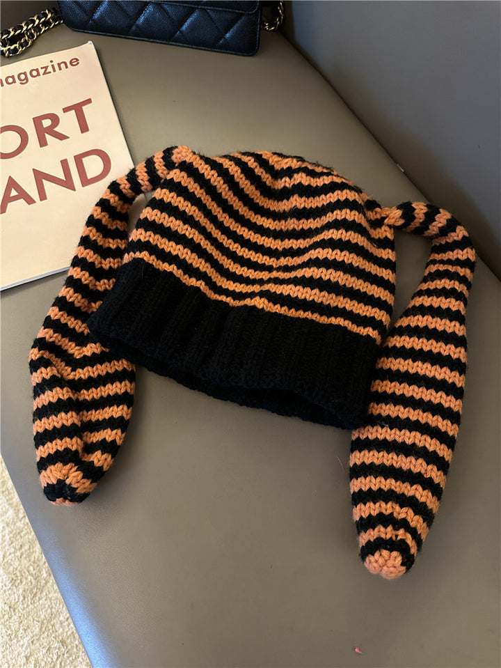 Cute Rabbit Ears Knitted Striped Pullover Wool Knit Hat Shopping Warm Beanie Hat