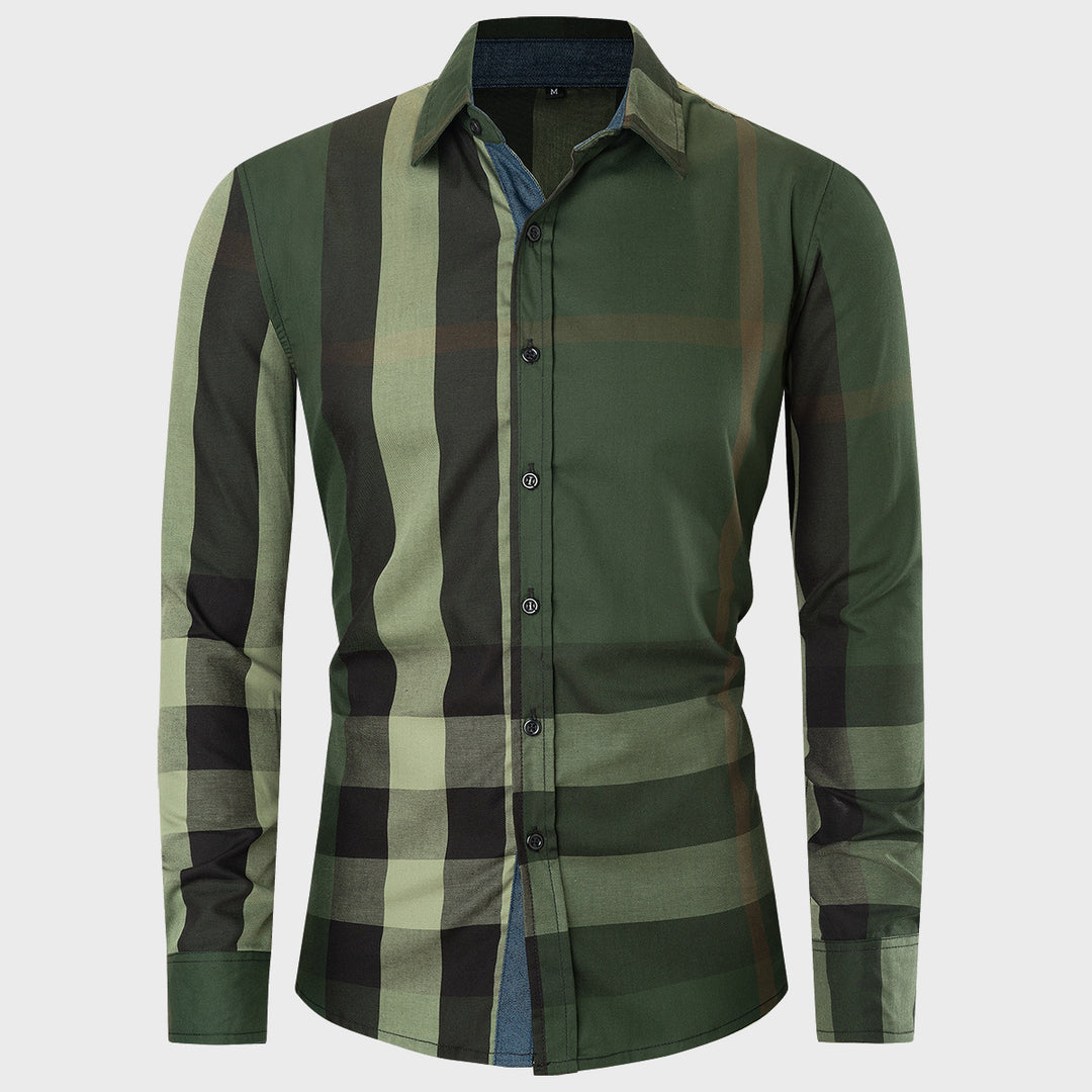 Men's Cotton Long Sleeve Color Matching Plaid Shirt