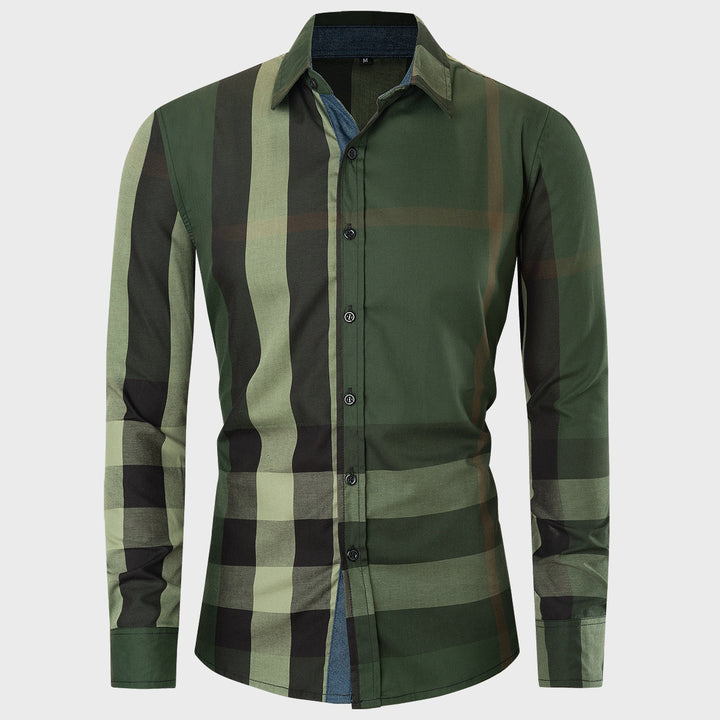 Men's Cotton Long Sleeve Color Matching Plaid Shirt