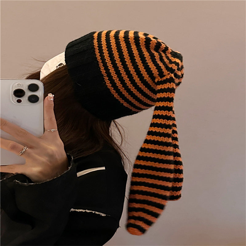 Cute Rabbit Ears Knitted Striped Pullover Wool Knit Hat Shopping Warm Beanie Hat