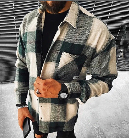 Men's Cotton Blended Shirt Plaid Pocket Long Sleeve Shirt