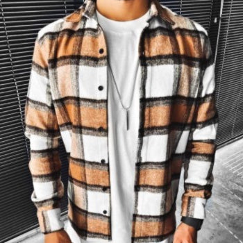 Men's Cotton Blended Shirt Plaid Pocket Long Sleeve Shirt