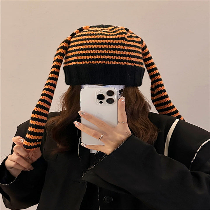 Cute Rabbit Ears Knitted Striped Pullover Wool Knit Hat Shopping Warm Beanie Hat